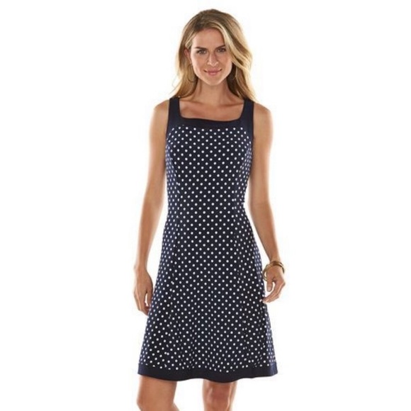 Chaps Dresses & Skirts - Size Medium Fit and Flare Navy Polka Dot Dress